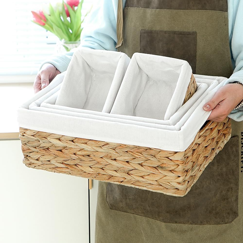 Water Hyacinth Shelf Baskets 4-Pack, Handwoven Wicker Bins with Removable Linen Liners – Divided Upper Compartment & Open Handles, Stackable for Pantry Bathroom Closet