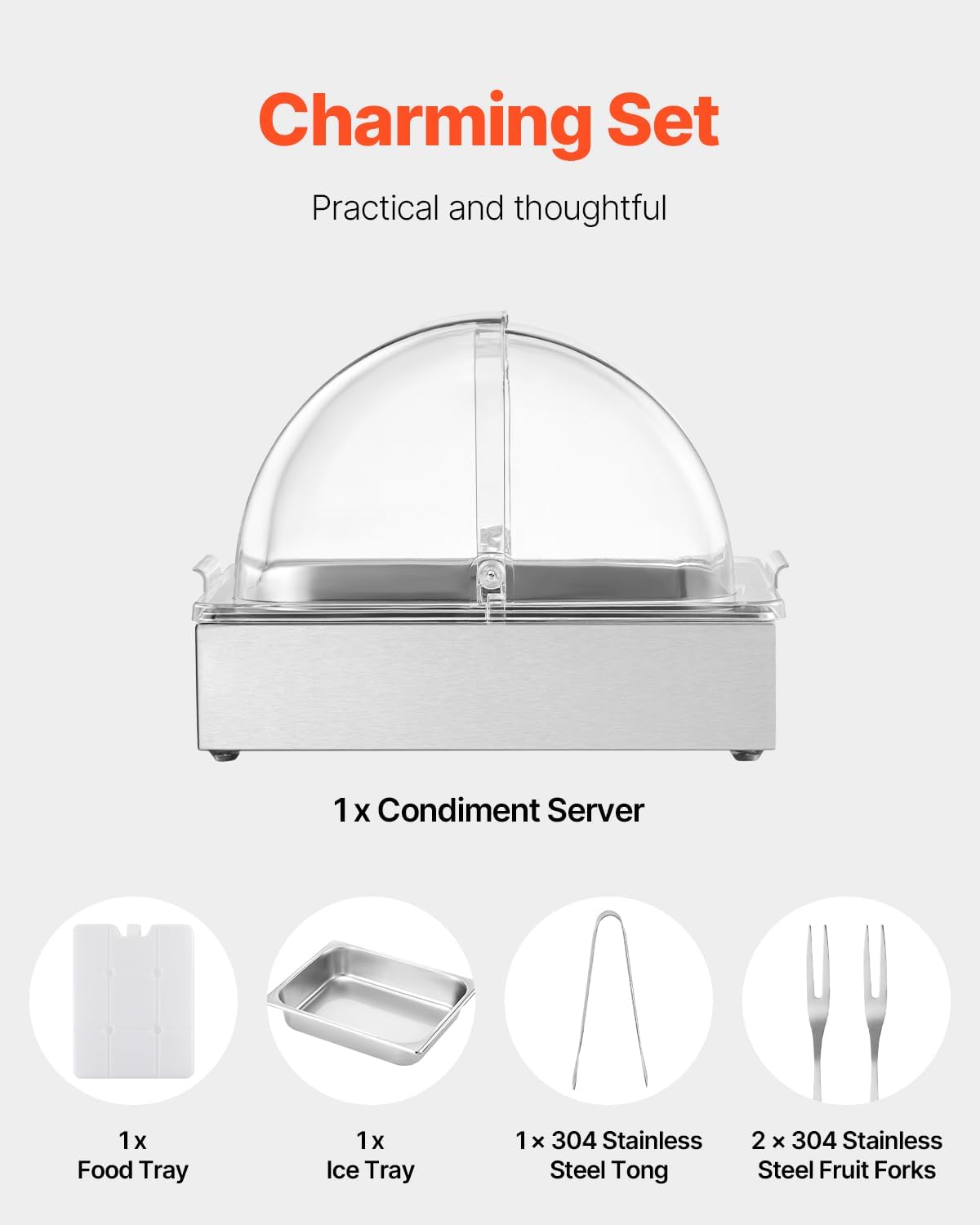 VEVOR Chilled Condiment Server Caddy, 5 Compartment Ice Cooled Serving Container, Plastic Fruit Garnish Tray Platter with Lid, for Taco Salad Bar Accessories, Party Home Restaurant Supplies