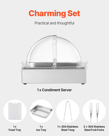 VEVOR Chilled Condiment Server Caddy, 5 Compartment Ice Cooled Serving Container, Plastic Fruit Garnish Tray Platter with Lid, for Taco Salad Bar Accessories, Party Home Restaurant Supplies