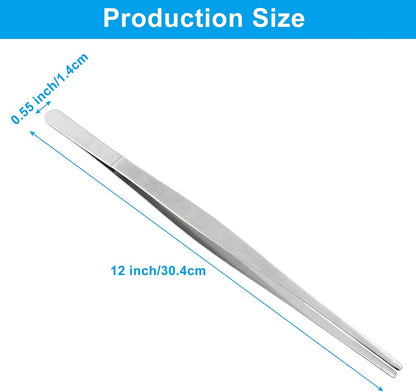 3Pcs Stainless Steel Tweezer Set (8" 10" 12"), Kitchen Tweezers Tongs, Cooking Tweezers with Precision Serrated Straight Tips, Long Handle Food Tweezers for Culinary, Bar, BBQ, Plating