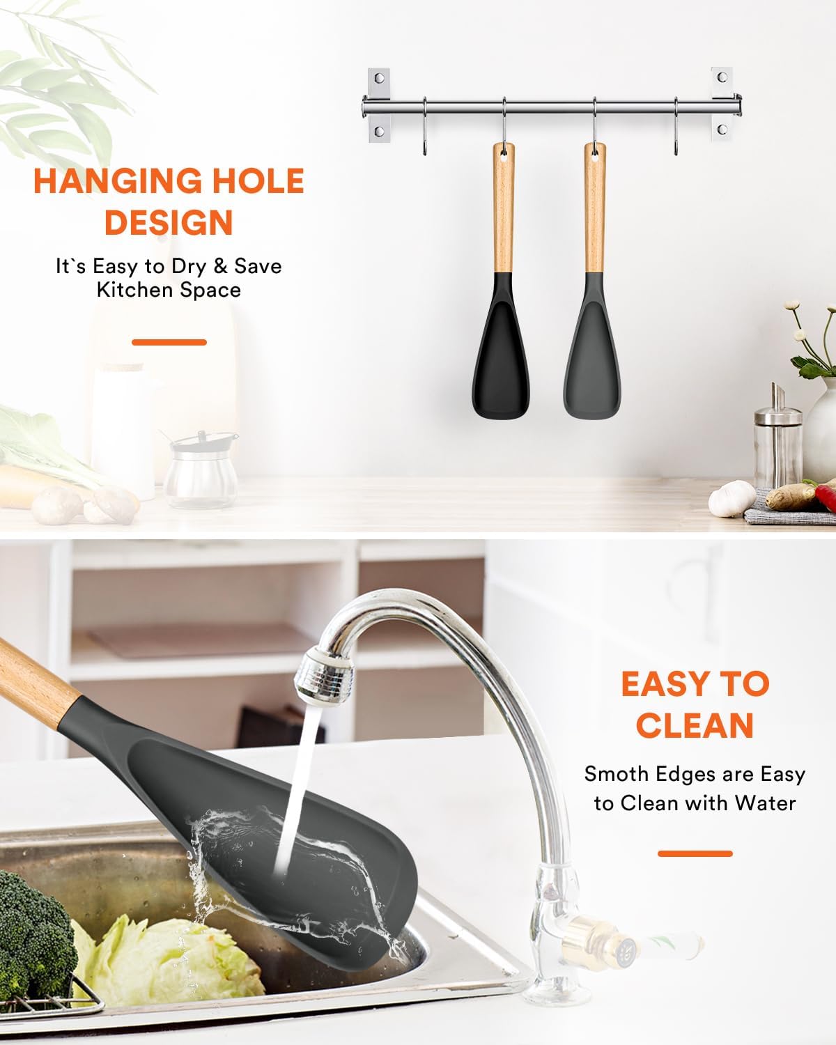 Cooking Spoon for Nonstick Cookwares, Great for Cooking and Serving Sturdy BPA-Free Matte Silicone, Wood Handle Spoon for Mixing, Scoop, and Scrape (Black & Grey, 11.4 inch)
