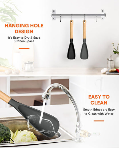 Cooking Spoon for Nonstick Cookwares, Great for Cooking and Serving Sturdy BPA-Free Matte Silicone, Wood Handle Spoon for Mixing, Scoop, and Scrape (Black & Grey, 11.4 inch)