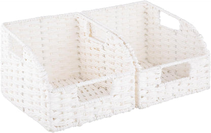 OIAHOMY Pantry Baskets for Organizing, Paper Rope Baskets with Built-in Handles, Wicker Storage Bins for Shelves, 2 Pack-Yellow