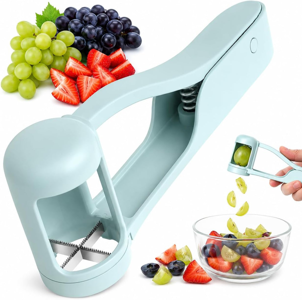 Grape Cutter Tool, Cherry Tomato Slicer & Small Fruit Quartering Tool, Stainless Steel Serrated Blades, One-Hand Kitchen Prep Gadget for Grapes, Olives, Salads & Snacks, Sky Blue