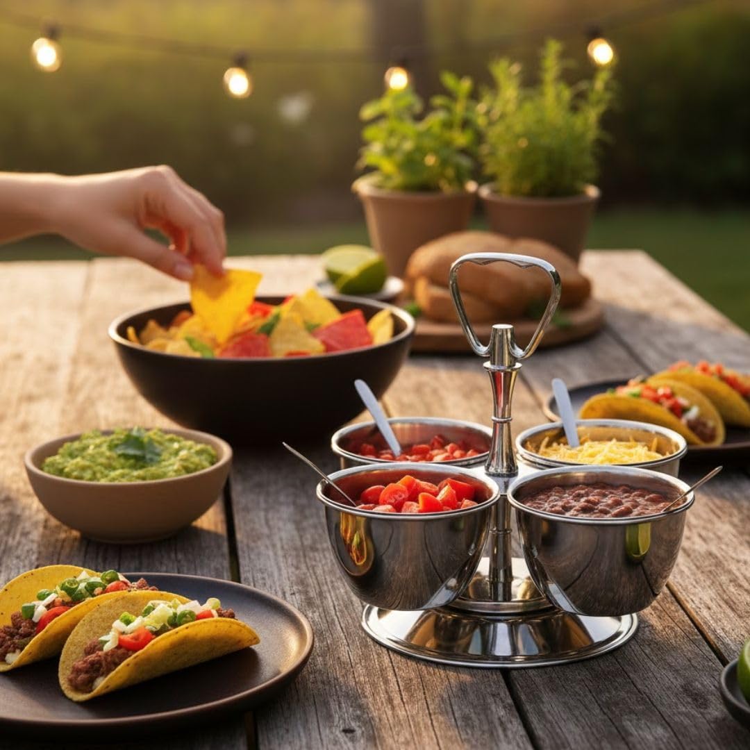 Soro Essentials- 4 Compartments Stainless Steel Relish Server 8 oz Capacity Per Cup- Serving Tray with Lid Condiment Server Condiment Serving Garnish Bar Container for Home Kitchen Restaurant