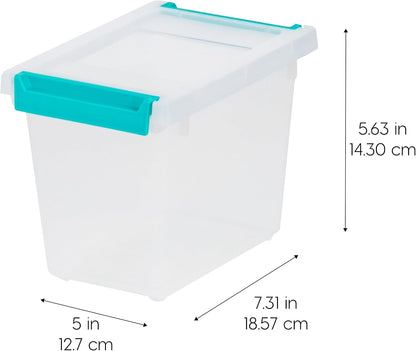 IRIS USA 12 Qt. Craft Storage Bins with Lids, 4-Pack, |Made in USA|, Clip Box, Medium Plastic Sensory Bin Tote Organizer Containers for Art Supplies, Paper, & Office, Stackable - Clear/Seafoam Blue