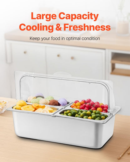 VEVOR Chilled Condiment Server Caddy, 5 Compartment Ice Cooled Serving Container, Plastic Fruit Garnish Tray Platter with Lid, for Taco Salad Bar Accessories, Party Home Restaurant Supplies