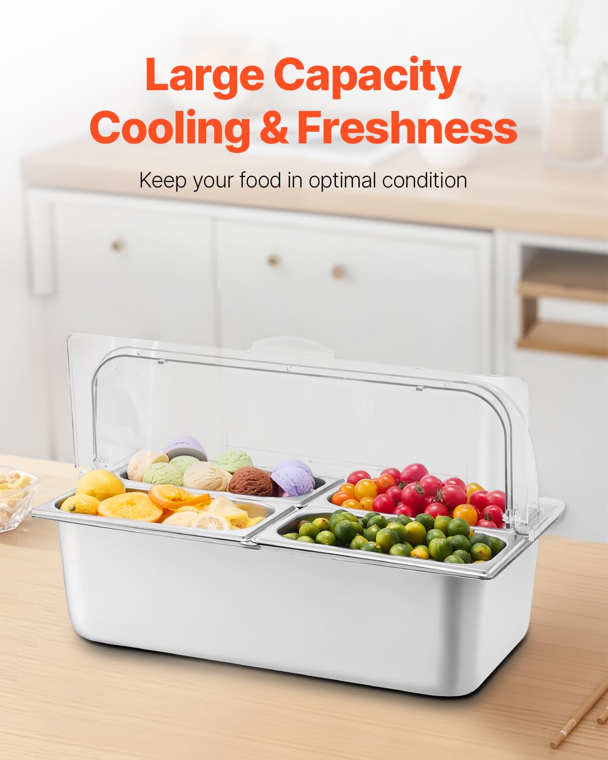 VEVOR Chilled Condiment Server, 4 Compartment Ice Cooled Condiment Serving Container, Chilled Garnish Tray Bar Caddy with Lid, for Bartending & Serving Taco, Salad, Fruit, Home & Restaurant Supplies