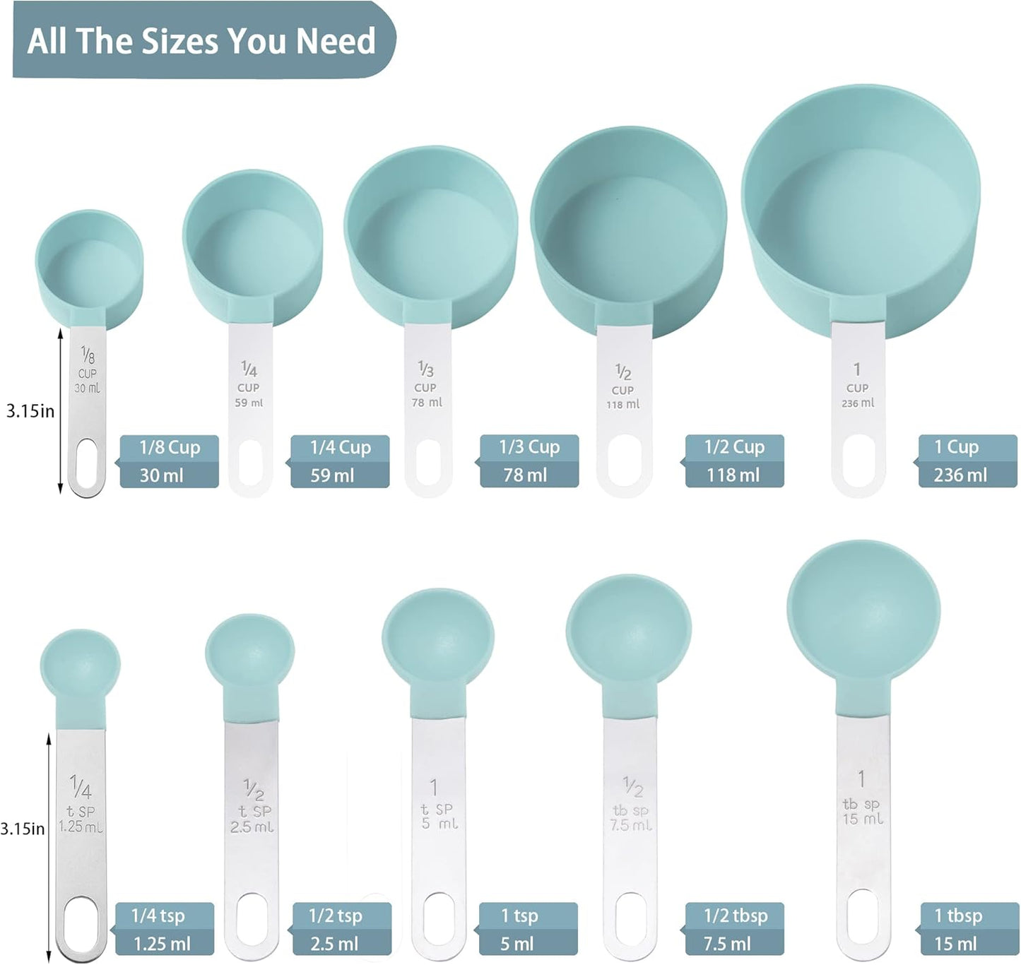 Measuring Cups and Spoons Set of Huygens Kitchen Gadgets 10 Pieces, Stackable Stainless Steel Handle Measuring Cups for Measuring Dry and Liquid Ingredient (Gray)