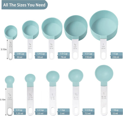 Measuring Cups and Spoons Set of Huygens Kitchen Gadgets 10 Pieces, Stackable Stainless Steel Handle Measuring Cups for Measuring Dry and Liquid Ingredient (Gray)