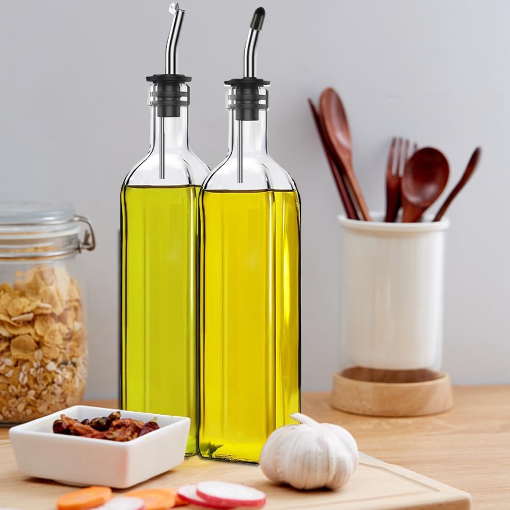 Leaflai Olive Oil Dispenser Bottle, Glass Olive Oil Dispenser and Vinegar Dispenser Set with Stainless Steel Pourers, 4 Labels,1 Brush and 1 Funnel Oil Bottles for Kitchen (500ml)
