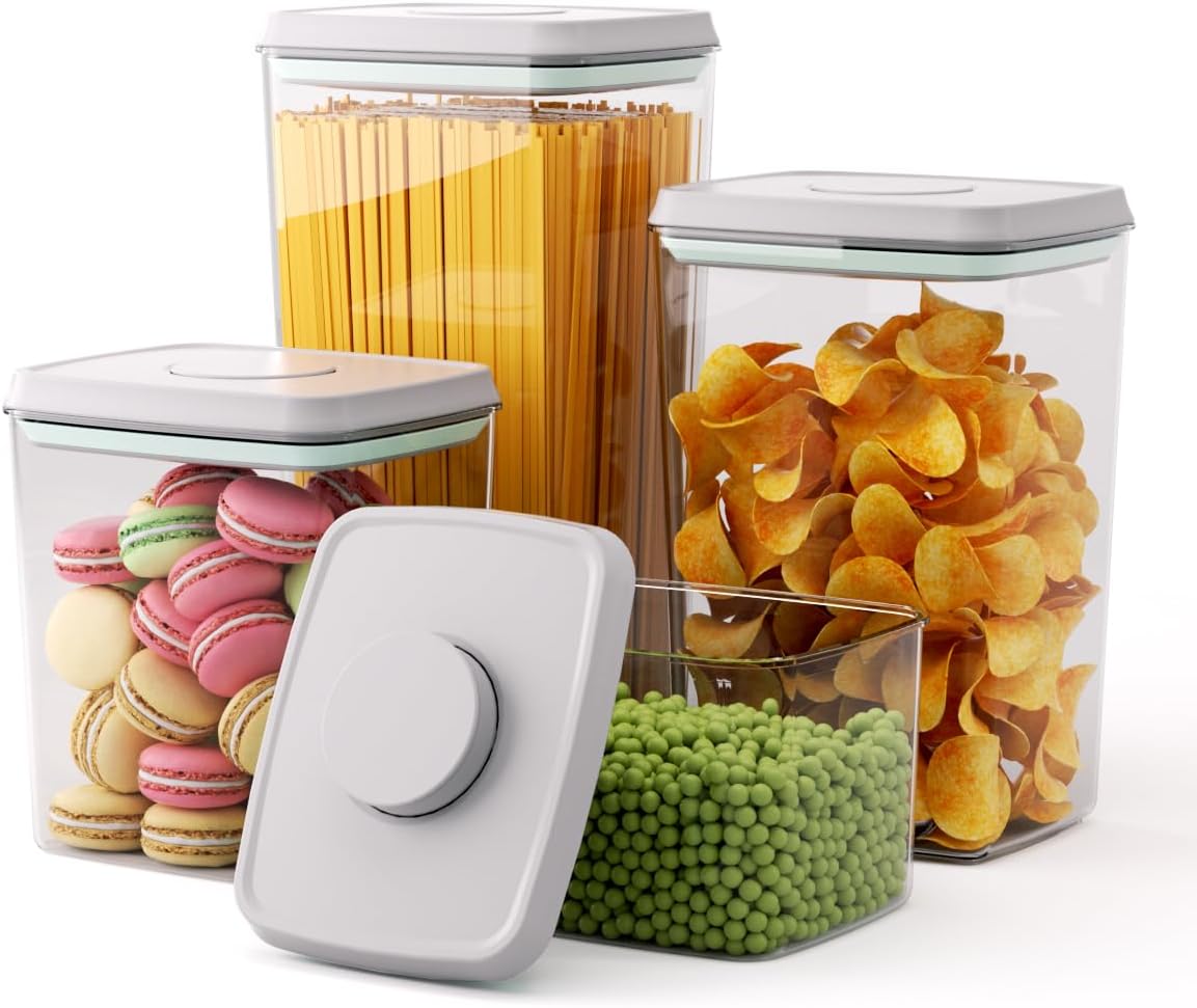 Airtight Food Storage Containers, 4-Piece Set, 1.3-3.5 Qt, Pop-Top Lids | Clear Stackable Pantry Jars for Flour, Sugar, Cereal, Oats, Pasta, Snacks, Baking Ingredients and Small Kitchen Organization