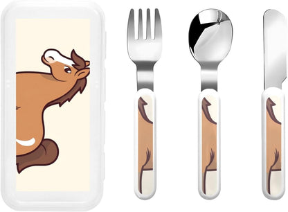 Stainless Steel Kids Silverware Set, Simple Horse Cartoon Utensil Set Reusable Children Safe Knife Spoon Fork Set With Storage Case Dishwasher Safe For Lunch, Travel Outdoors