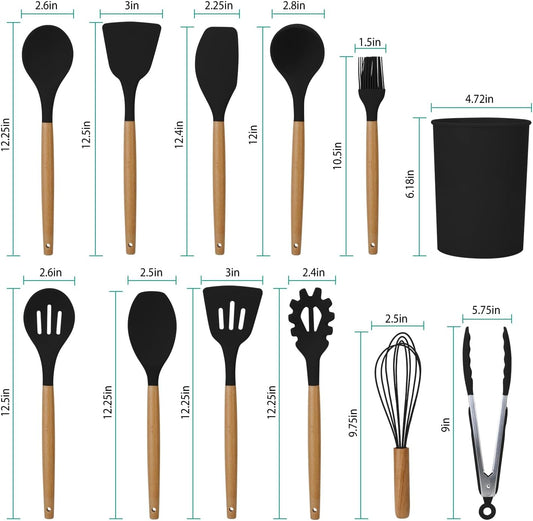 11-Piece Heat-Resistant Silicone Utensil Set with Wooden Handles & Holder — Spatula, Ladle, Tongs, Spaghetti Server, Whisk, Spoon, Carbon-Steel Core, Nonstick-Safe Kitchen Tools