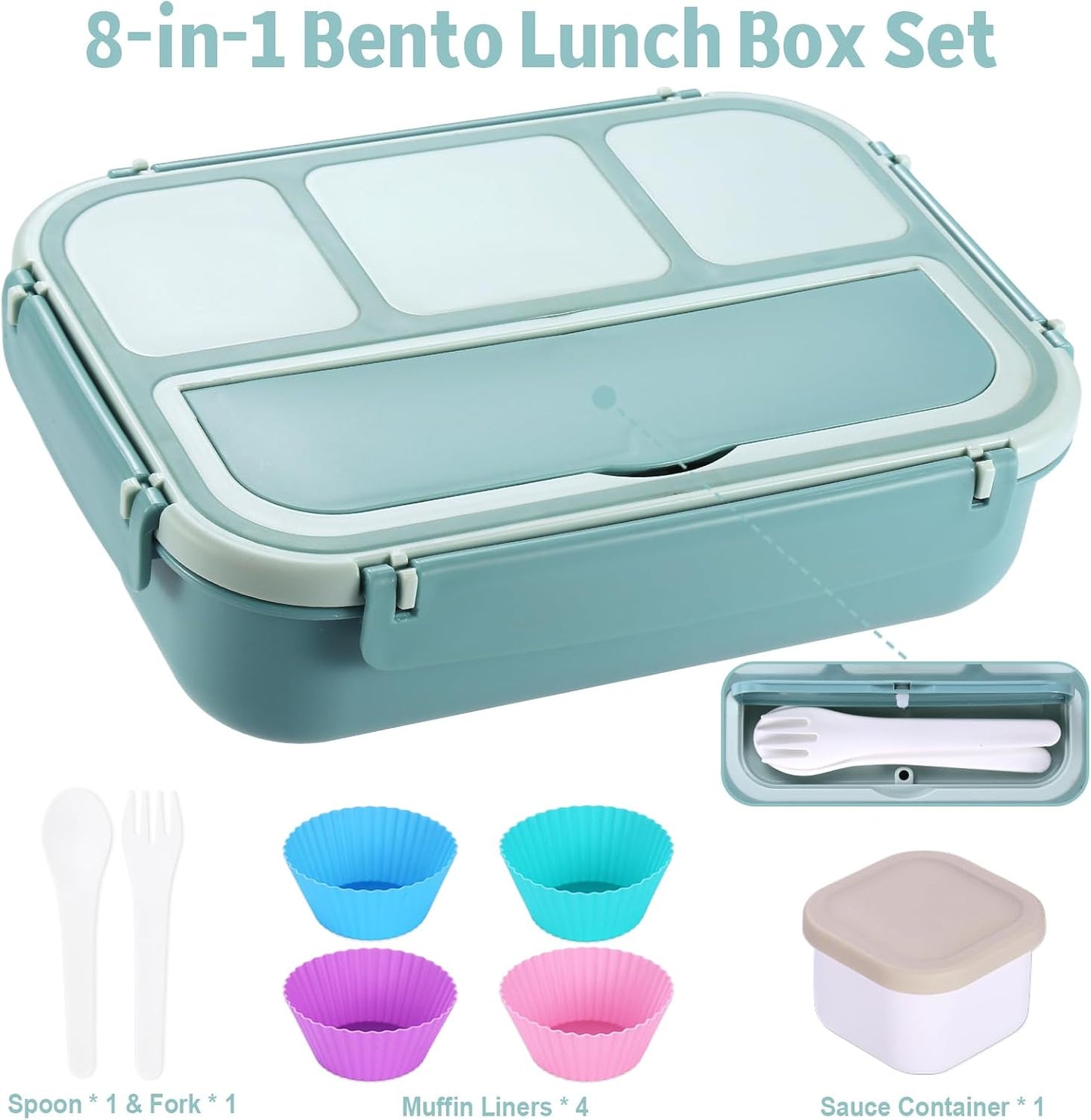 Bento Box Adult Lunch Box, Lunch Containers for Kids Girls Boys with 4 Compartments, Lunchable Food Container with Utensils, Sauce Jar, Muffin Liners, 40 Oz/5 Cup, Microwave Safe, Lavender