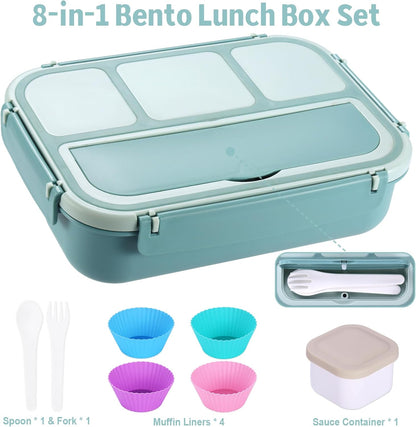 Bento Box Adult Lunch Box, Lunch Containers for Kids Girls Boys with 4 Compartments, Lunchable Food Container with Utensils, Sauce Jar, Muffin Liners, 40 Oz/5 Cup, Microwave Safe, Lavender