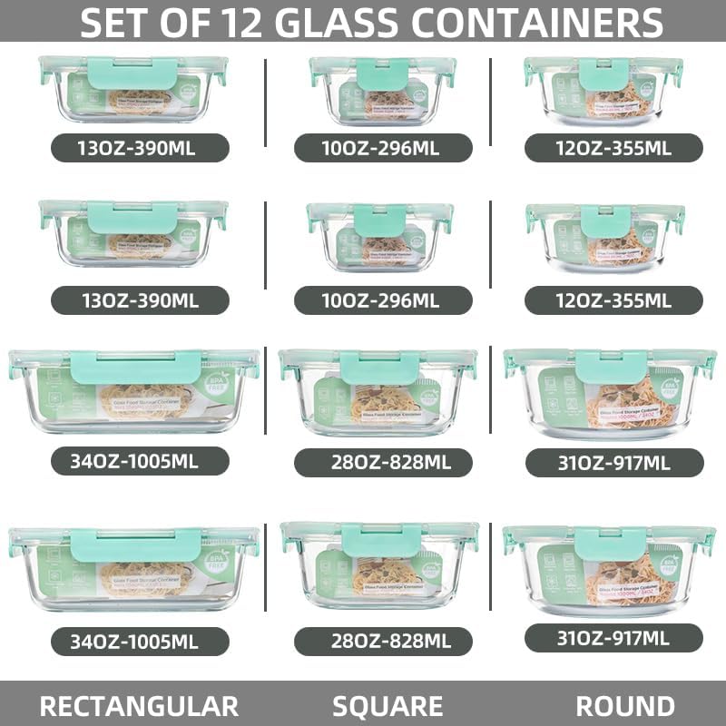 12 Pack Glass Storage Containers Transparent, Stackable Design Meal Prep Containers for Food Storage, Home, Kitchen & Pantry Organization, Microwave/Freezer/Dishwasher Safe