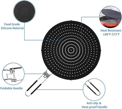 Silicone Splatter Screen for Frying Pan 14’’, Foldable Grease Splatter Guard with Anti-Slip Handle, Food Grade Silicone Washable Heat Resistant Oil Splash Guard