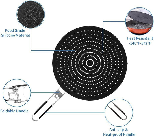 Silicone Splatter Screen for Frying Pan 14’’, Foldable Grease Splatter Guard with Anti-Slip Handle, Food Grade Silicone Washable Heat Resistant Oil Splash Guard