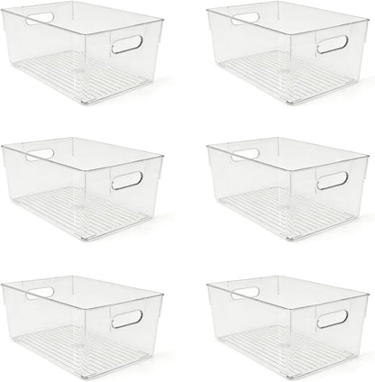 6 Pack Thick Clear Stackable Storage Bins, Cabinet Organizer, Plastiic Containers with Handle for Kitchens, Bathrooms and Fridge and Desktop