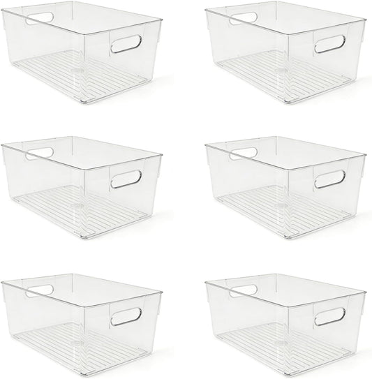 6 Pack Thick Clear Stackable Storage Bins, Cabinet Organizer, Plastiic Containers with Handle for Kitchens, Bathrooms and Fridge and Desktop