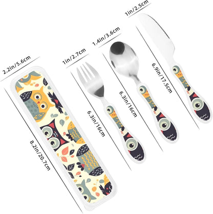 3-Piece Kids Silverware Set With Storage Case, Stainless Steel Reusable Children Safe Knife Spoon Fork Set Animal Cartoon Owls Cute Children Flatware Set For Kids Lunch Box
