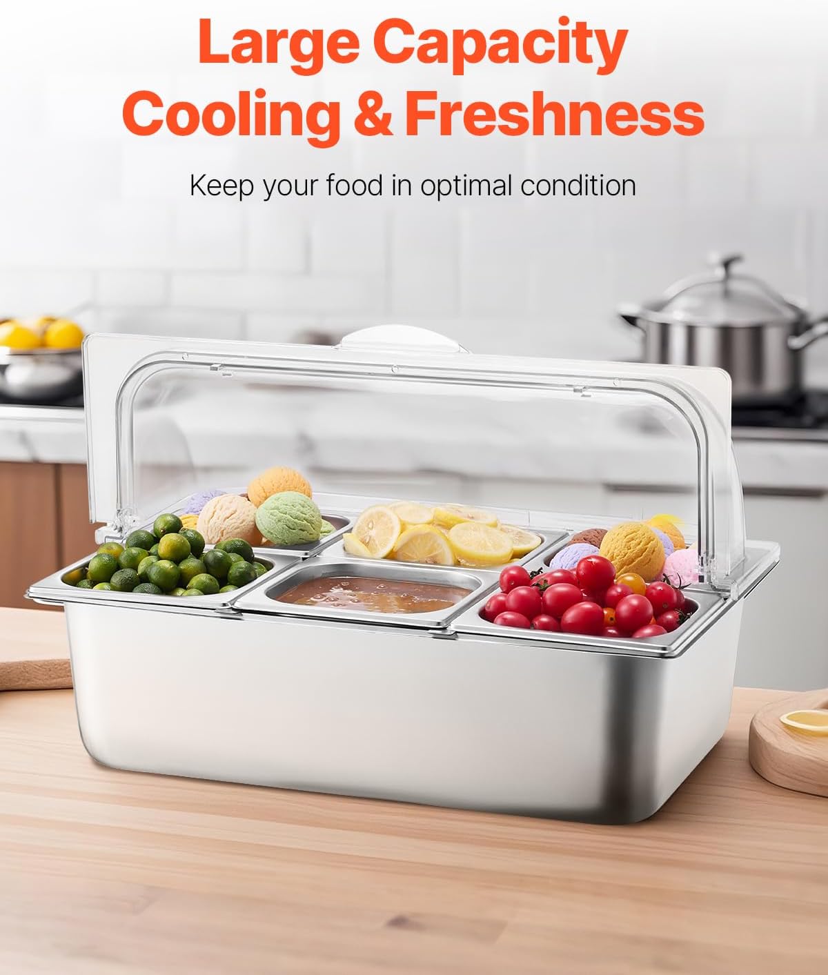 VEVOR Chilled Condiment Server Caddy, 5 Compartment Ice Cooled Serving Container, Plastic Fruit Garnish Tray Platter with Lid, for Taco Salad Bar Accessories, Party Home Restaurant Supplies