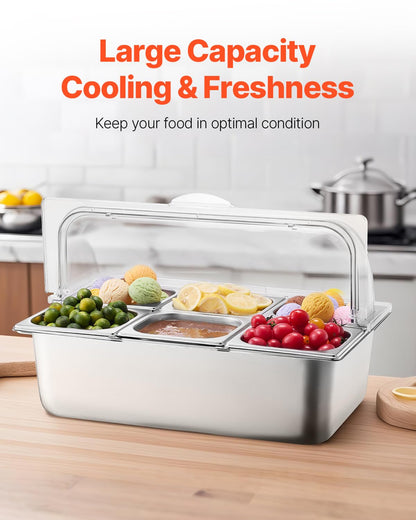 VEVOR Chilled Condiment Server, 4 Compartment Ice Cooled Condiment Serving Container, Chilled Garnish Tray Bar Caddy with Lid, for Bartending & Serving Taco, Salad, Fruit, Home & Restaurant Supplies