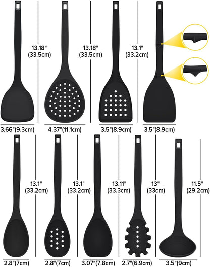 Silicone Cooking Utensils Set, 9 Pcs Heat Resistant Kitchen Utensils with Back Hooks, BPA Free Kitchen Tools with Spatulas, Spoons, Skimmer and Pasta Fork for Non Stick Cookware(KHAKI)