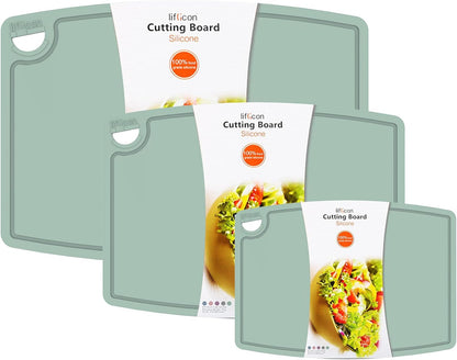 Liflicon Silicone Thick Cutting Boards Mats Set of 3 Foldable & Flexible Design Juice Grooves Easy Grip Handle Dishwasher Safe for Kitchen,BPA free Silicone Cutting Board-Gray