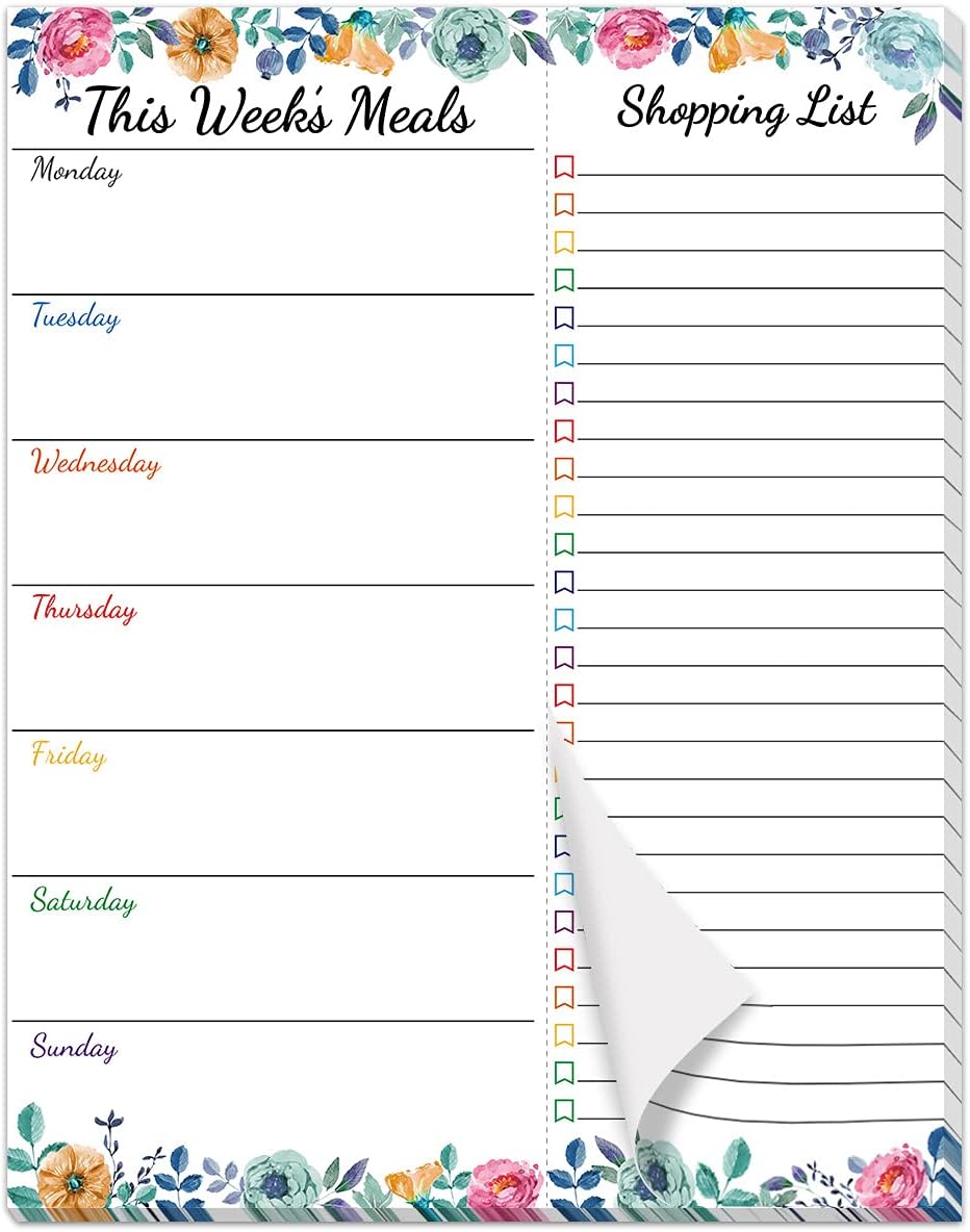 Fancy Land Weekly Meal Planner - Floral Magnetic Notepads for Refrigerator Meal Planning Pad with Tear Off Grocery List 52 weeks 7” X 9”
