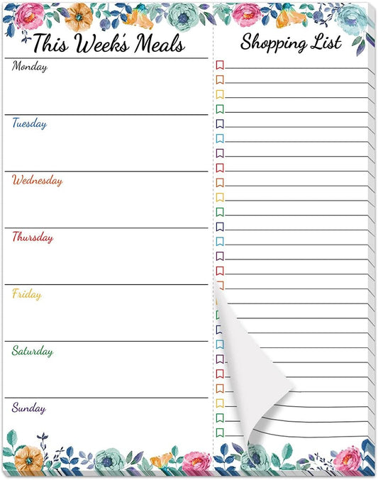 Fancy Land Weekly Meal Planner - Floral Magnetic Notepads for Refrigerator Meal Planning Pad with Tear Off Grocery List 52 weeks 7” X 9”