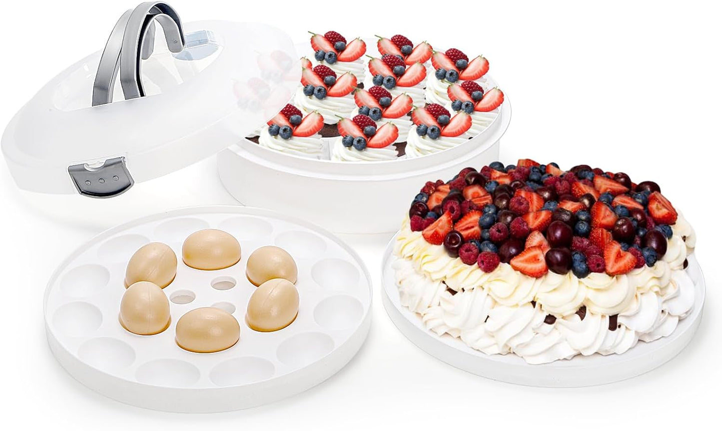 Lawei 12 Inch Round Dessert Carrier with Lid and Handle, 3-In-1 Portable Food Container for Pie, Cupcake, Cheesecake, Deviled Egg, Plastic Cake Transport Container Egg Holder for Picnics, Easter