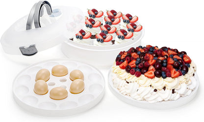 Lawei 12 Inch Round Dessert Carrier with Lid and Handle, 3-In-1 Portable Food Container for Pie, Cupcake, Cheesecake, Deviled Egg, Plastic Cake Transport Container Egg Holder for Picnics, Easter