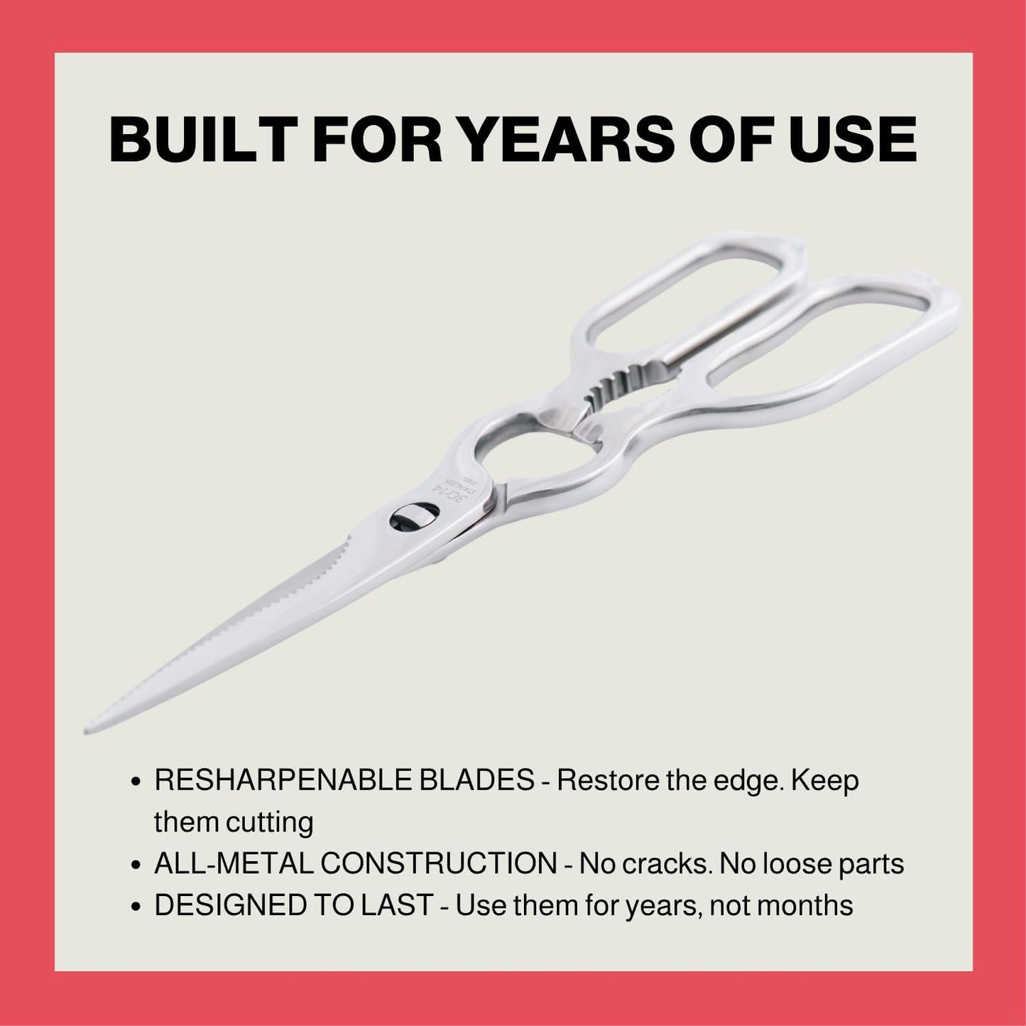 Heavy Duty Kitchen Scissors for Food — All Purpose Cooking Scissors, All Stainless Steel, No Plastic, Come-Apart Blades for Easy Cleaning, Dishwasher Safe, 5-in-1 Multi-Tool