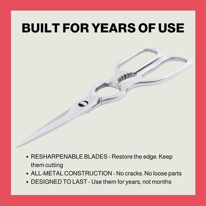 Heavy Duty Kitchen Scissors for Food — All Purpose Cooking Scissors, All Stainless Steel, No Plastic, Come-Apart Blades for Easy Cleaning, Dishwasher Safe, 5-in-1 Multi-Tool