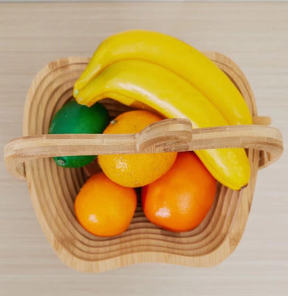 Foldable Bamboo Dried Fruit Basket Apple Shaped Collapsible Bread Nuts Baskets Candy Gifts Fruit Bowl Holder Wooden Snack Box for Kitchen Table