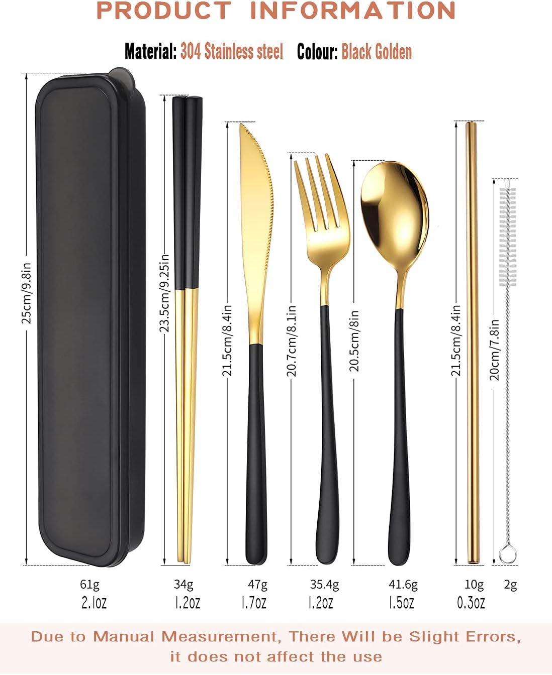 AARAINBOW 6 Pieces 18/8 Stainless Steel Flatware Set Portable Reusable Cutlery Set Travel Utensils Set Including Chopsticks Knife Fork Spoon Straws Cleaning Brush Dishwasher Safe (Green golden)