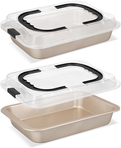 2 Pcs Cake Baking Pan with Lid and Handle, 9 x 13 Inch Non-Stick Rectangle Cake Pan Carrier Carbon Steel Baking Tray for Brownie Roasting Cooking