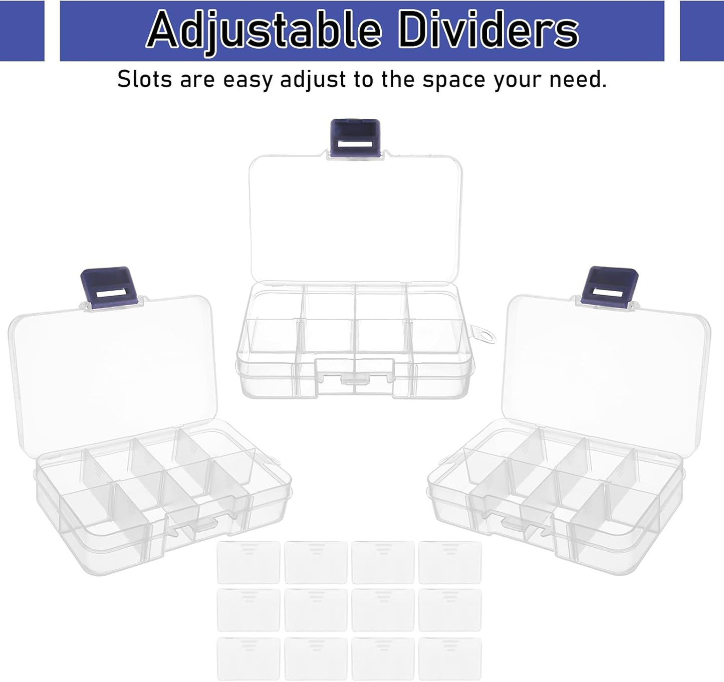 12 Pack 8 Grids Small Plastic Divider Organizer Box, Clear Bead Storage Container with Removable Dividers, Grid Compartment for Small Parts, Screw and Craft, 4.1"x 2.6"x 0.9"