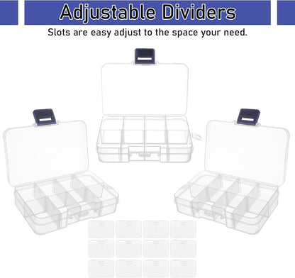12 Pack 8 Grids Small Plastic Divider Organizer Box, Clear Bead Storage Container with Removable Dividers, Grid Compartment for Small Parts, Screw and Craft, 4.1"x 2.6"x 0.9"