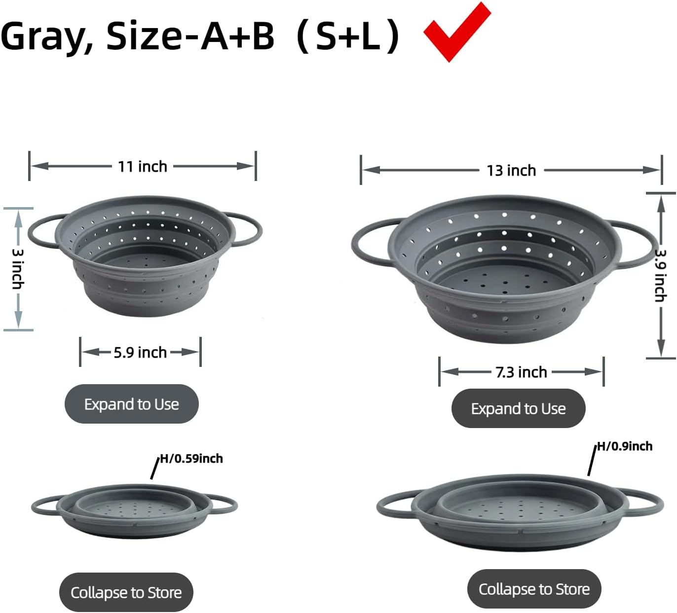 Collapsible Silicone Colander with Handles, Round Strainer with Stainless Steel Rim, Space Saving Kitchen Tool for Fruits & Vegetables,BPA-Free,Heat-Resistant Pasta Drainer(White, L)