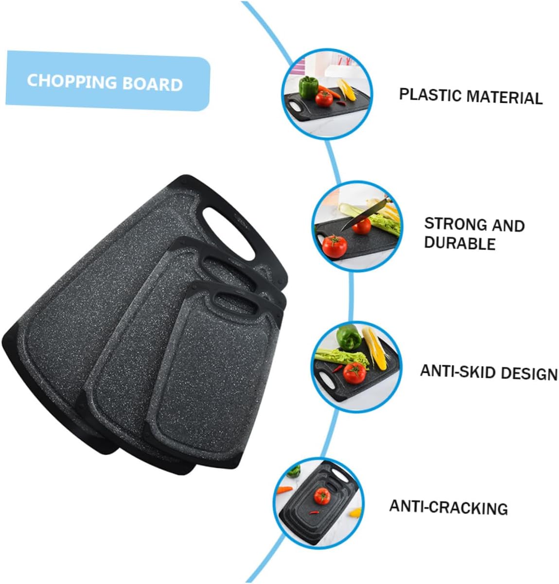 3pcs Anti-skid Plastic Cutting Boards Set, Large Thicker Dual-sided Kitchen Cutting Mats for Meats and Vegetables, Black Non-slip Home Use Chopping Board