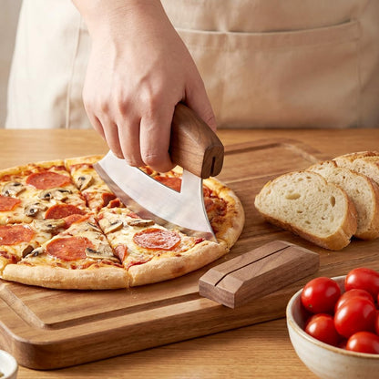 Alaskan Mezzaluna Ulu Knife, Sharp Rocker Mezzaluna Knife with Stand for Cutter Pizza, Meat, Vegetables, Herb, Salad, Chopper with Holder Base(COLOR:Walnut wood)