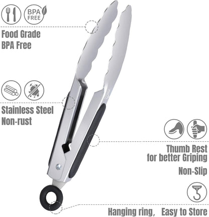Hotec Stainless Steel Kitchen Tongs, Set of 3-7", 9" and 12", Locking Metal Food Tongs for Cooking, Serving, BBQ, Grill with Non-Slip Grip
