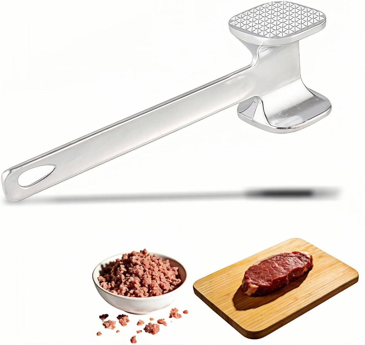 Meat Tenderizer Tool – Double-Sided Heavy Duty Mallet for Steak, Beef, Fish – Ergonomic Non-Slip Handle, Rustproof Aluminum, Easy Hang Storage