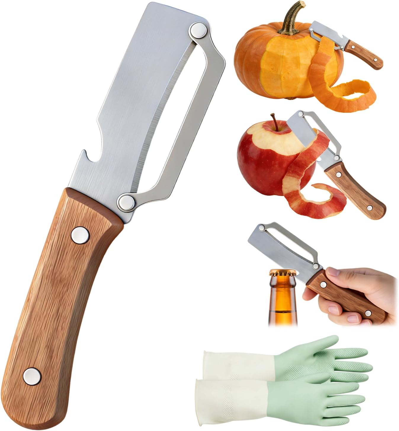Multi-Functional Vegetable Peeler for Kitchen, Stainless Steel Vegetable and Fruit Peeler with Wooden Handle and Bottle Opener, Peelers for Kitchen, for Fruit Pumpkin Papaya Potato Carrot Apple