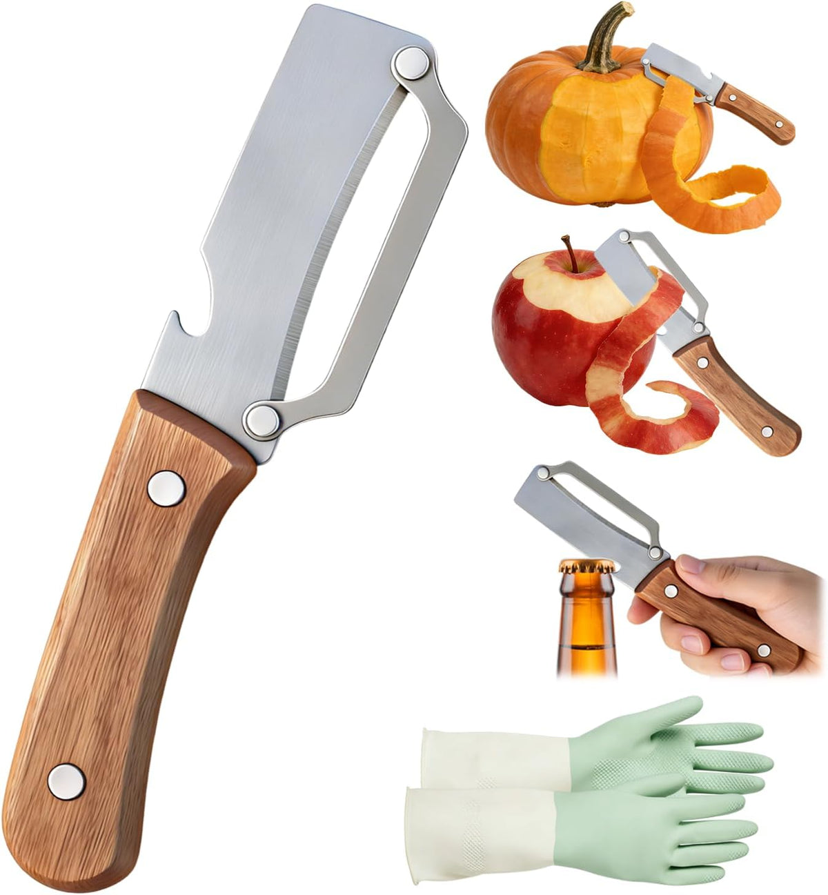 Multi-Functional Vegetable Peeler for Kitchen, Stainless Steel Vegetable and Fruit Peeler with Wooden Handle and Bottle Opener, Peelers for Kitchen, for Fruit Pumpkin Papaya Potato Carrot Apple