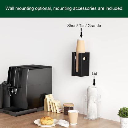 Disposable Coffee Cup Dispenser with Handles, Countertop or Wall Mount Hot/Cold Drink Cup and Lid Holder - Bathroom/Kitchen/Office Acrylic Cup Lid Storage Organizer (1 Compartment, Clear)