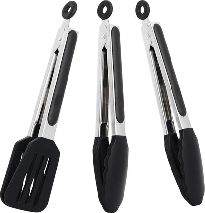 Mini Silicone Serving Tongs Set of 3, Small Kitchen Tongs (7 inch) with Silicone Tips and Stainless Steel Handle, Cooking Tongs for Salads, Pasta, Steaks, Vegetables
